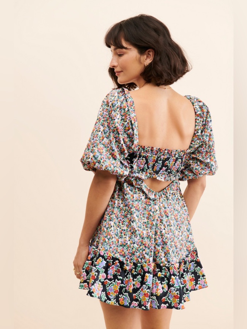 New! For Love And Lemons Hudson Black Floral Puff-Sleeve Mini Dress 🌸 Medium - Picture 6 of 13